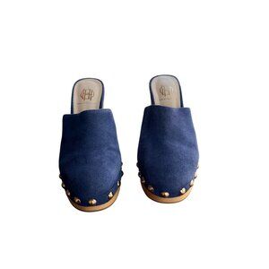 House Of Harlow 1960 x REVOLVE Cut Out Blue Suede Clogs With Wooden Heels & Gold